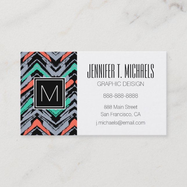 Gray, Teal, And Coral Hand Drawn Chevron Pattern Business Card (Front)