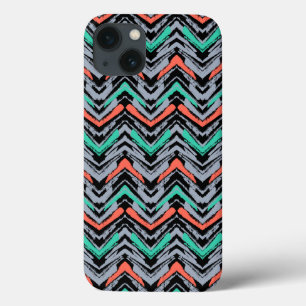 Gray, Teal, And Coral Hand Drawn Chevron Pattern iPhone 13 Case