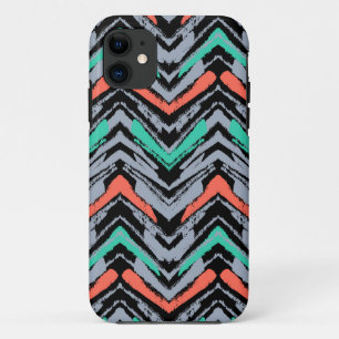 Gray, Teal, And Coral Hand Drawn Chevron Pattern iPhone 11 Case