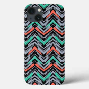 Gray, Teal, And Coral Hand Drawn Chevron Pattern iPhone 13 Case