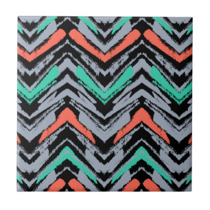 Gray, Teal, And Coral Hand Drawn Chevron Pattern Ceramic Tile