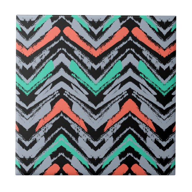 Gray, Teal, And Coral Hand Drawn Chevron Pattern Ceramic Tile (Front)