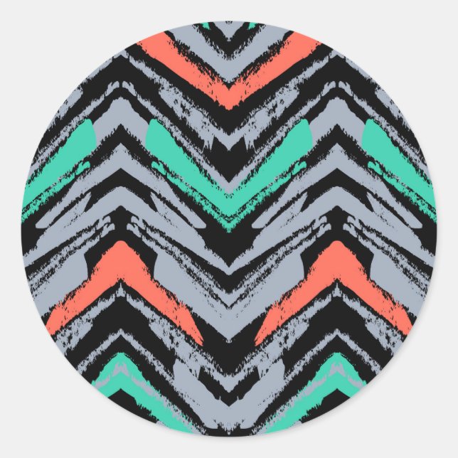 Gray, Teal, And Coral Hand Drawn Chevron Pattern Classic Round Sticker (Front)
