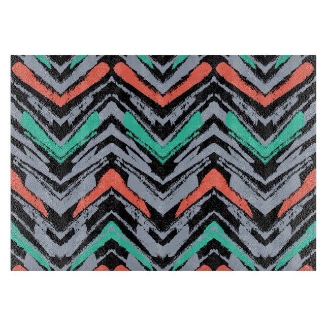 Gray, Teal, And Coral Hand Drawn Chevron Pattern Cutting Board (Front)