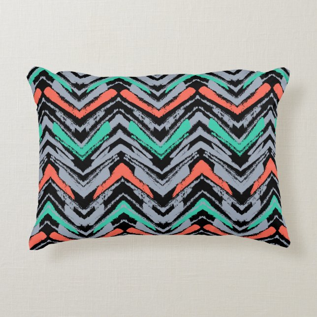 Gray, Teal, And Coral Hand Drawn Chevron Pattern Decorative Pillow (Front)