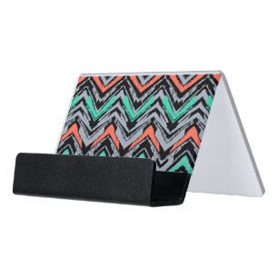 Gray, Teal, And Coral Hand Drawn Chevron Pattern Desk Business Card Holder
