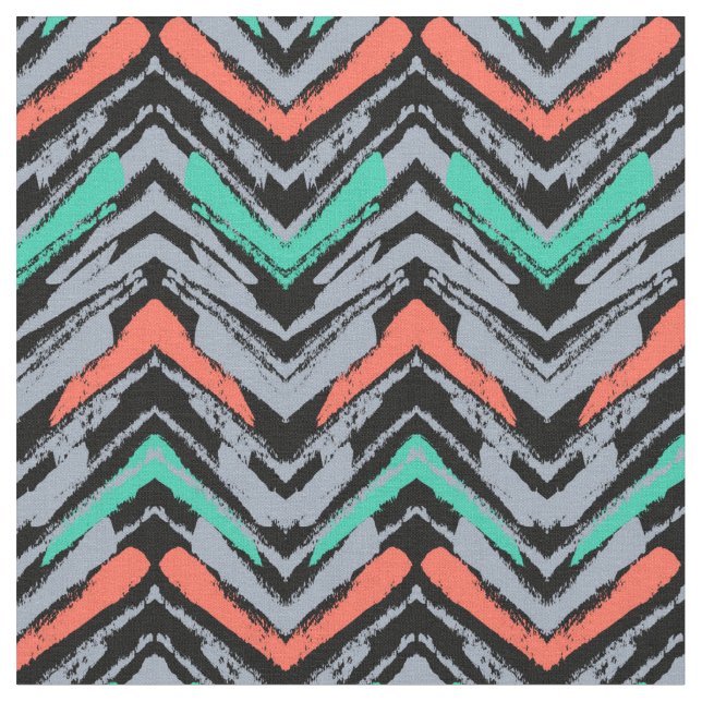 Gray, Teal, And Coral Hand Drawn Chevron Pattern Fabric (Close Up)