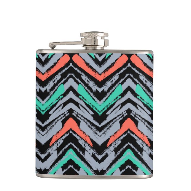 Gray, Teal, And Coral Hand Drawn Chevron Pattern Hip Flask (Front)