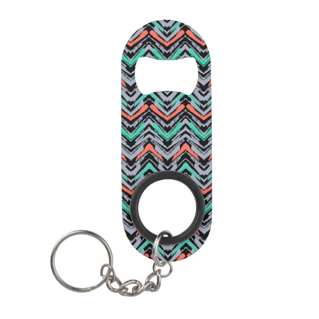 Gray, Teal, And Coral Hand Drawn Chevron Pattern Keychain Bottle Opener (Front)
