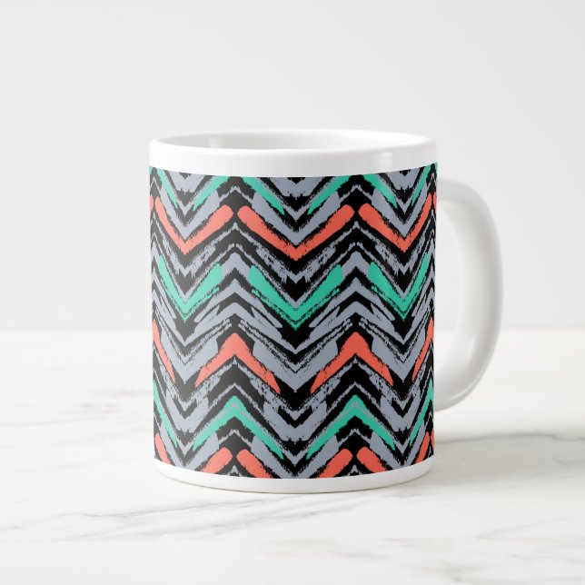 Gray, Teal, And Coral Hand Drawn Chevron Pattern Large Coffee Mug (Front Right)