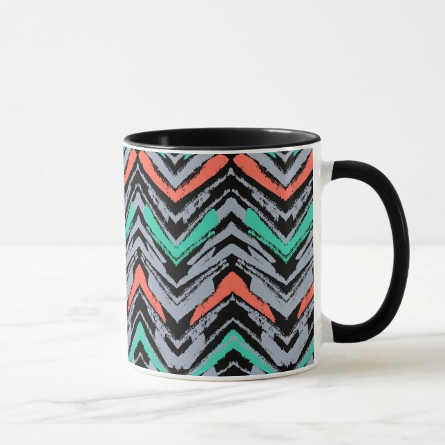Gray, Teal, And Coral Hand Drawn Chevron Pattern Mug (Right)