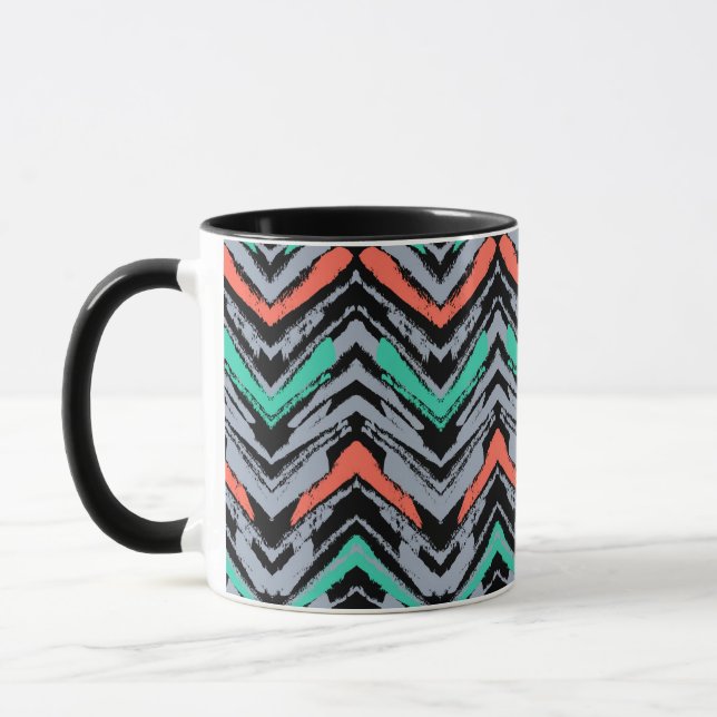 Gray, Teal, And Coral Hand Drawn Chevron Pattern Mug (Left)