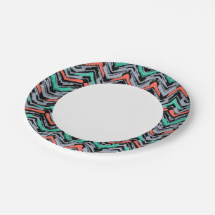 Gray, Teal, And Coral Hand Drawn Chevron Pattern Paper Plates
