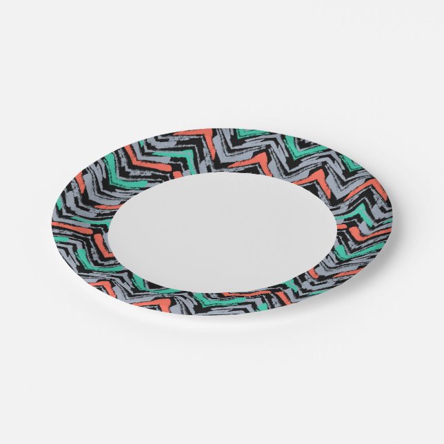 Gray, Teal, And Coral Hand Drawn Chevron Pattern Paper Plates (Angled)