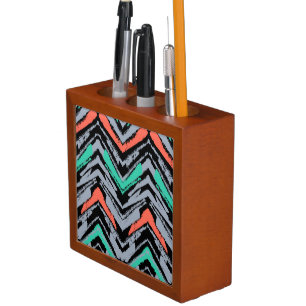 Gray, Teal, And Coral Hand Drawn Chevron Pattern Pencil Holder