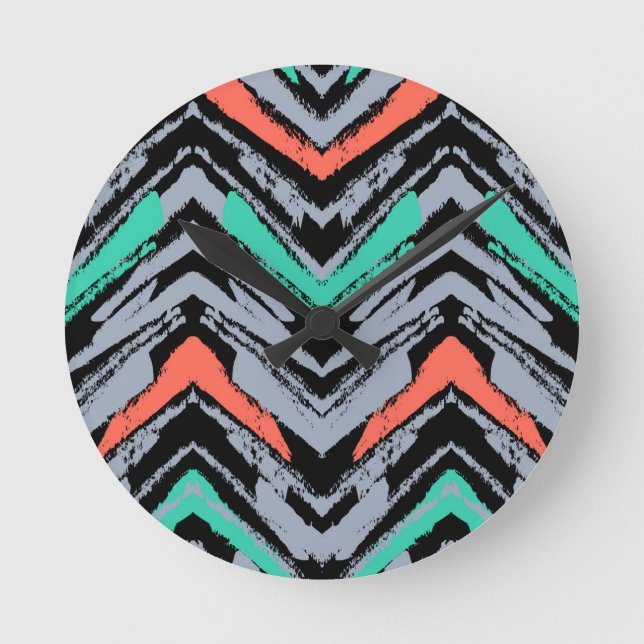 Gray, Teal, And Coral Hand Drawn Chevron Pattern Round Clock (Front)