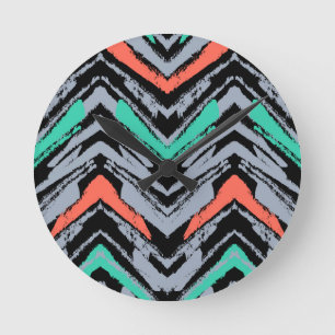 Gray, Teal, And Coral Hand Drawn Chevron Pattern Round Clock