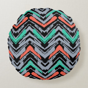 Gray, Teal, And Coral Hand Drawn Chevron Pattern Round Pillow