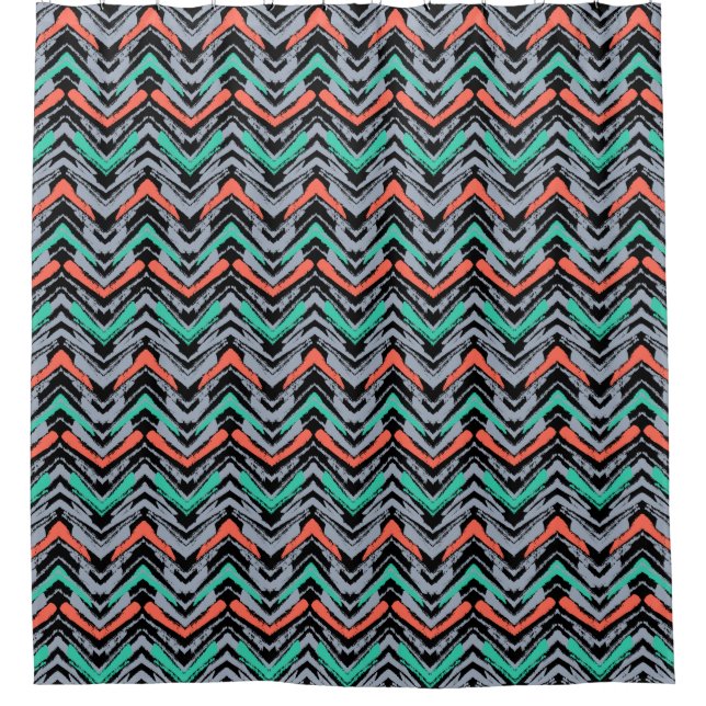 Gray, Teal, And Coral Hand Drawn Chevron Pattern Shower Curtain (Front)