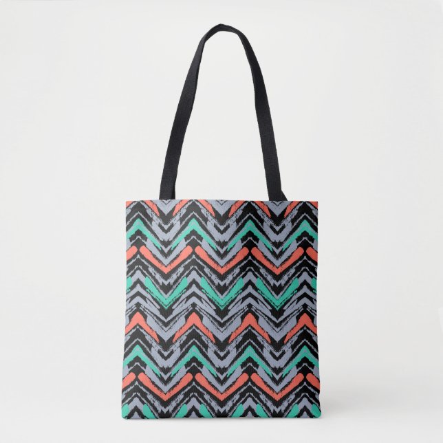 Gray, Teal, And Coral Hand Drawn Chevron Pattern Tote Bag (Front)