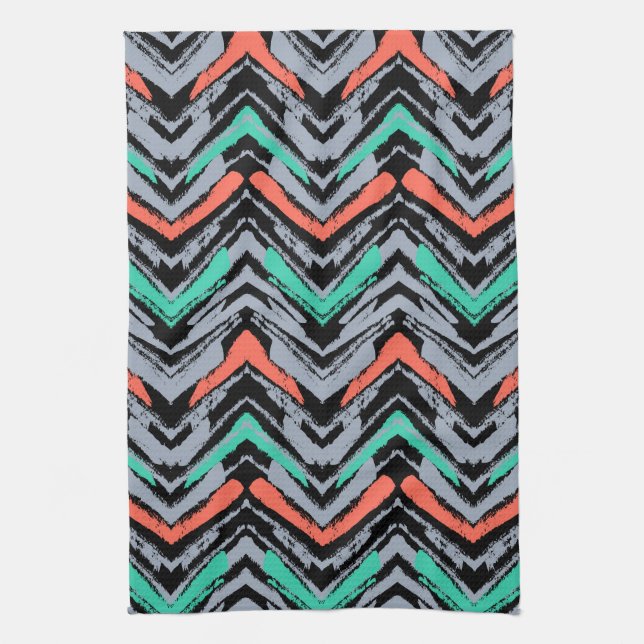 Gray, Teal, And Coral Hand Drawn Chevron Pattern Towel (Vertical)