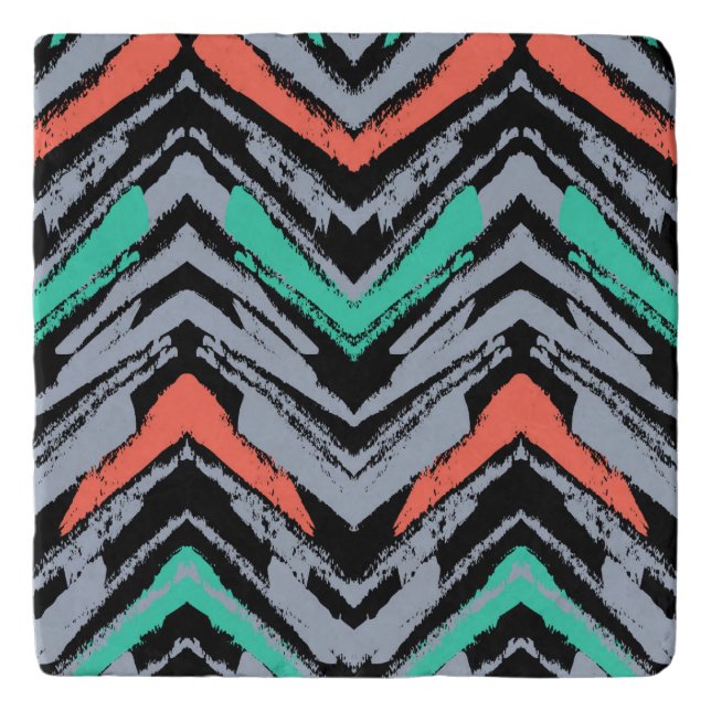 Gray, Teal, And Coral Hand Drawn Chevron Pattern Trivet (Front)