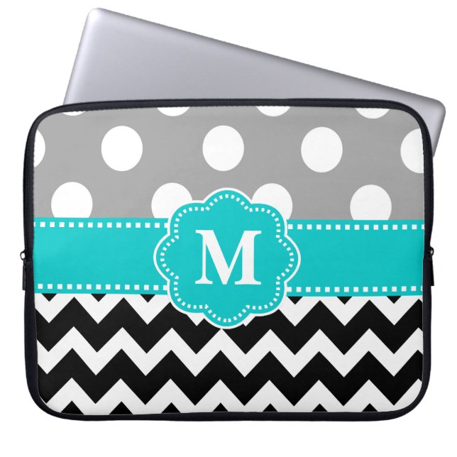 Gray Teal Black Chevron Monogram Laptop Sleeve (Front)