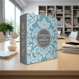 Gray & Teal Blue Damask Pattern Wedding 3 Ring Binder