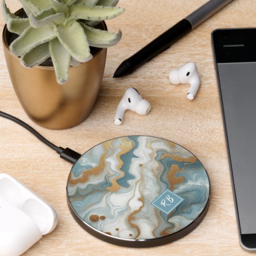 Gray Teal Blue Gold White Marble Art Pattern Wireless Charger