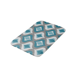 Gray Teal Blue Green Retro Ikat Drops Pattern Bath Mat
