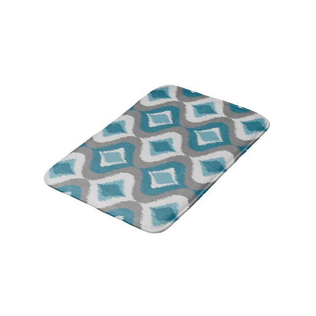 Gray Teal Blue Green Retro Ikat Drops Pattern Bath Mat (Angled)