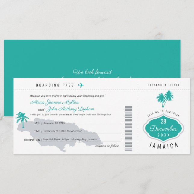 Gray Teal Boarding Pass to Jamaica Wedding Invitation (Front/Back)