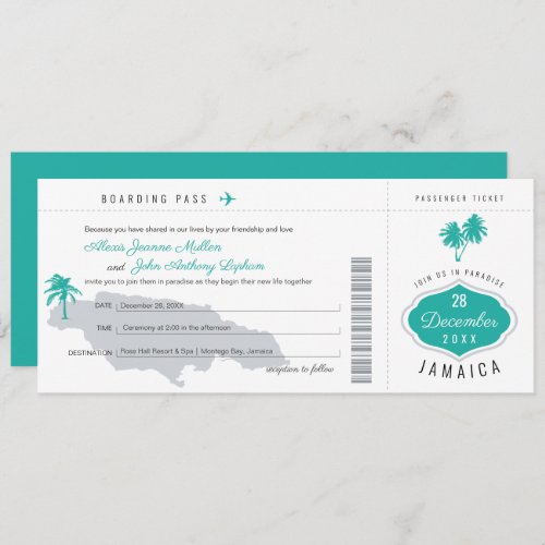 Gray Teal Boarding Pass to Jamaica Wedding Invitation