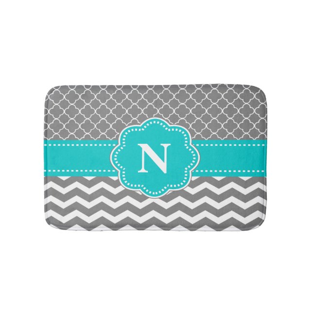 Gray Teal Chevron Monogram Bathmat (Front)