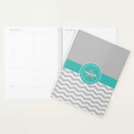 Gray Teal Chevron Planner<br><div class="desc">Gray teal chevron monogram personalized day planner</div>