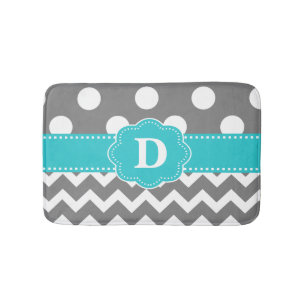 Gray Teal Dots Chevron Monogram Bathmat