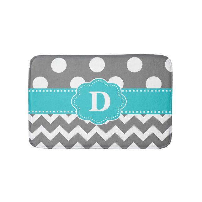 Gray Teal Dots Chevron Monogram Bathmat (Front)