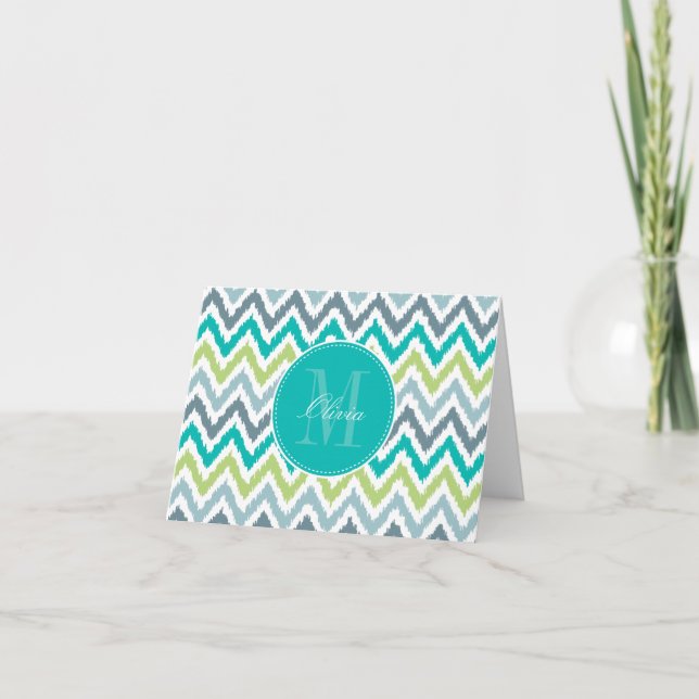 Gray Teal Green Zigzag Ikat Pattern Note Card (Front)