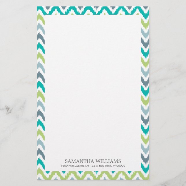 Gray Teal Green Zigzag Ikat Pattern Stationery (Front)