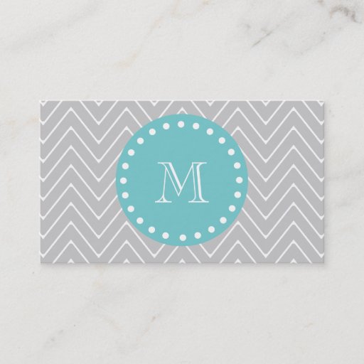Customizable Gray &amp; Teal Modern Chevron Custom Monogram Business Card