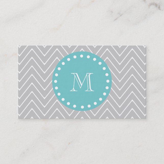 Gray & Teal Modern Chevron Custom Monogram Business Card (Front)