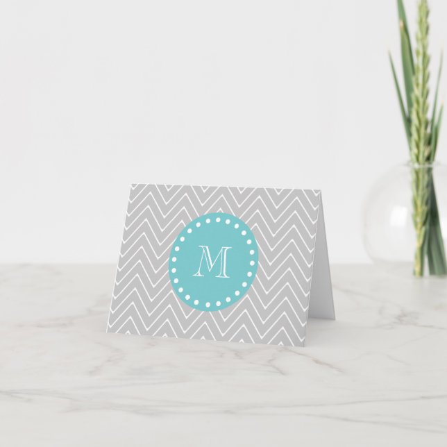 Gray & Teal Modern Chevron Custom Monogram Note Card (Front)