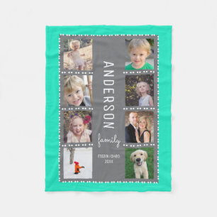 Gray & Teal Photo Collage Family Name Fleece Blanket