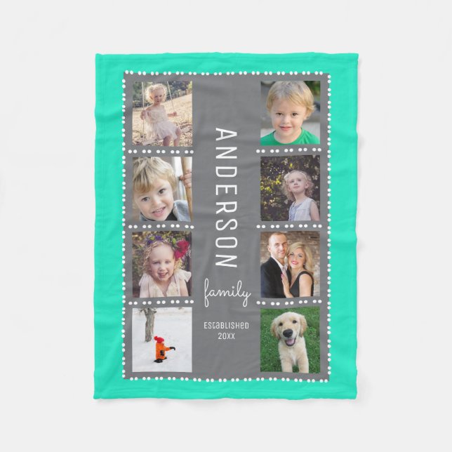 Gray & Teal Photo Collage Family Name Fleece Blanket (Front)