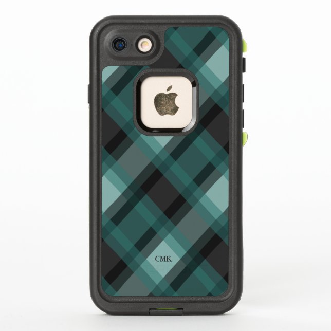 Gray & Teal Plaid Custom Initials LifeProof iPhone Case (Back)
