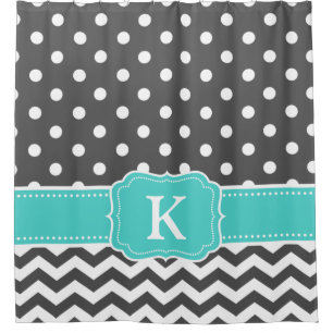 Gray Teal Polka Dots Chevron Monogram Initials Shower Curtain