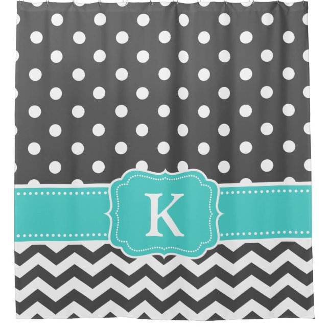 Gray Teal Polka Dots Chevron Monogram Initials Shower Curtain (Front)