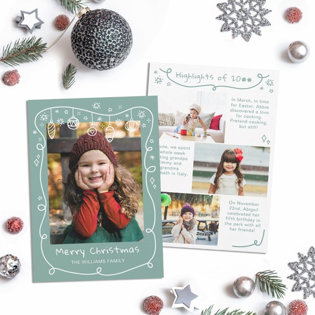 Gray Teal Scribbled Baubles Photos Merry Christmas Holiday Card (Creator Uploaded)