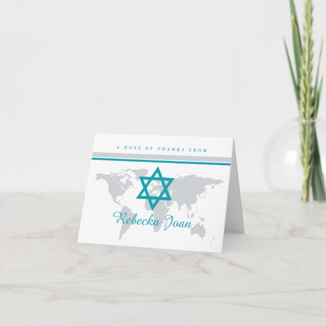 Gray Teal Star of David Bat Mitzvah World Map Letterpress Thank You Card (Front)