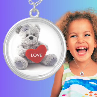 Gray Teddy Bear Love Round Silver Plated Necklace